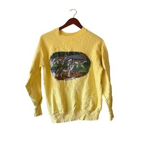 Vintage Womens Yellow Crewneck Sweatshirt Wolf Pack Nature Graphic Print‎ medium